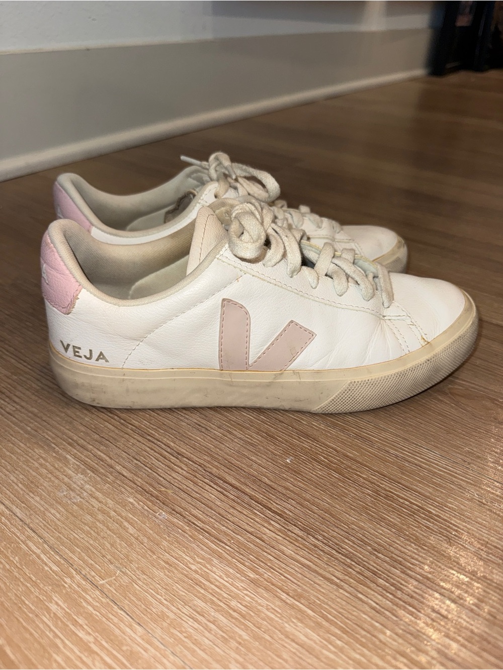 Veja Women's White Leather Sneakers with Pale Pink Accents